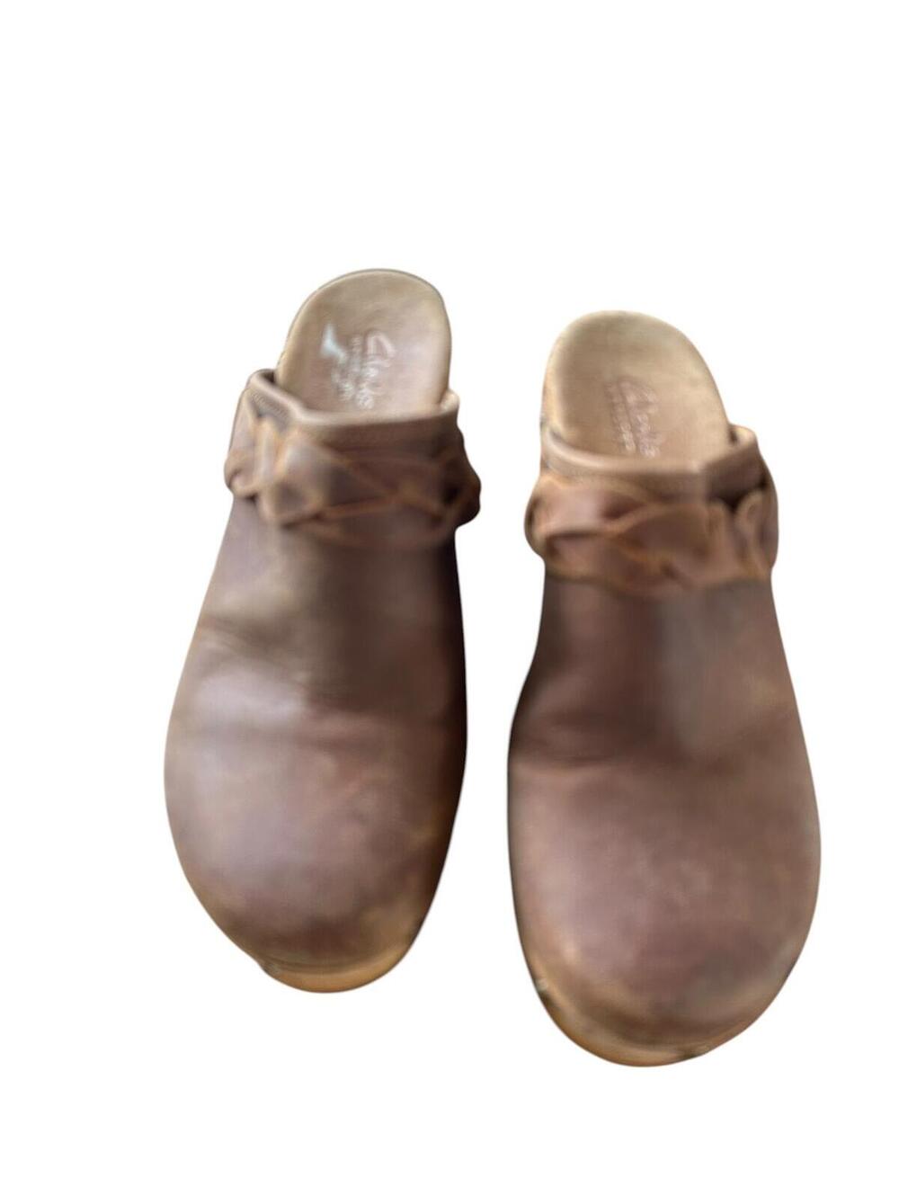 Clarks Brown Leather Clogs 7.5 Platform Mule Wood Heel Boho Cottage - Picture 3 of 8